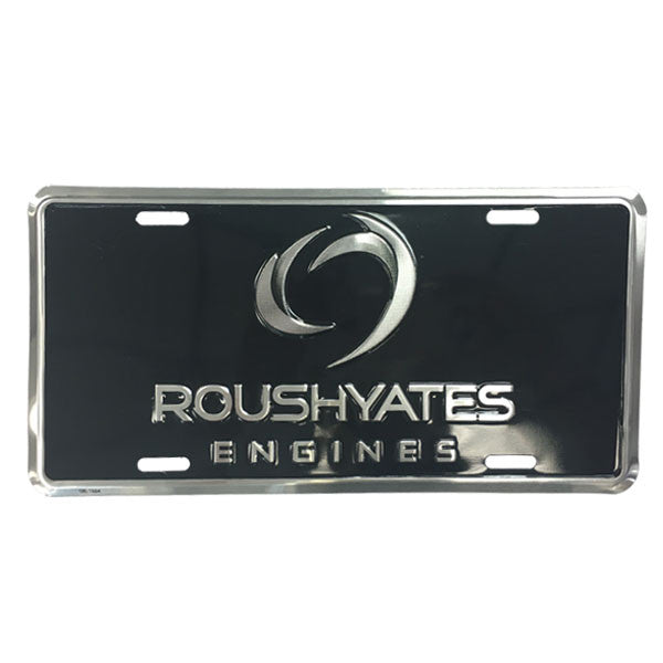 Black license plate with Roush Yates Engines logo embossed in silver lettering, 6"X12"
